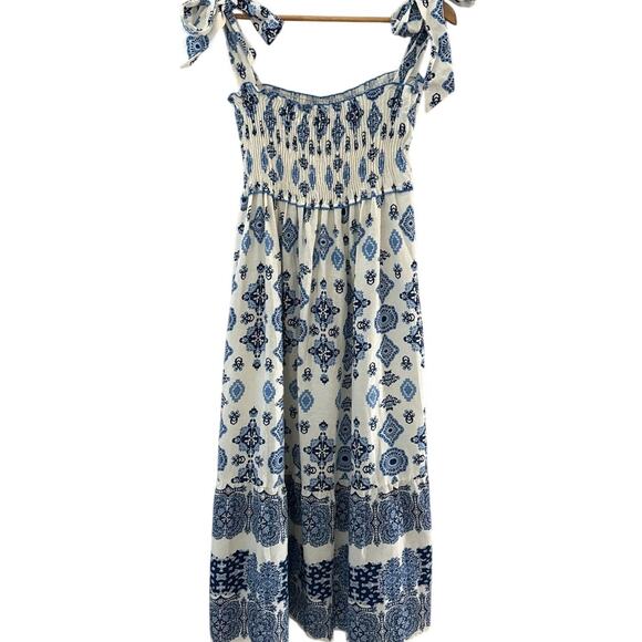 Zara Smocked Tie Strap Boho Linen Maxi Tiered‎ Dress Grecian Print Size Large - Picture 4 of 10